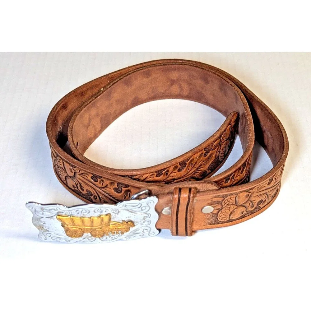 Chambers Leather Belt Co. USA Belt Buckle Covered Wagon Oak Leaves Acorn Belt